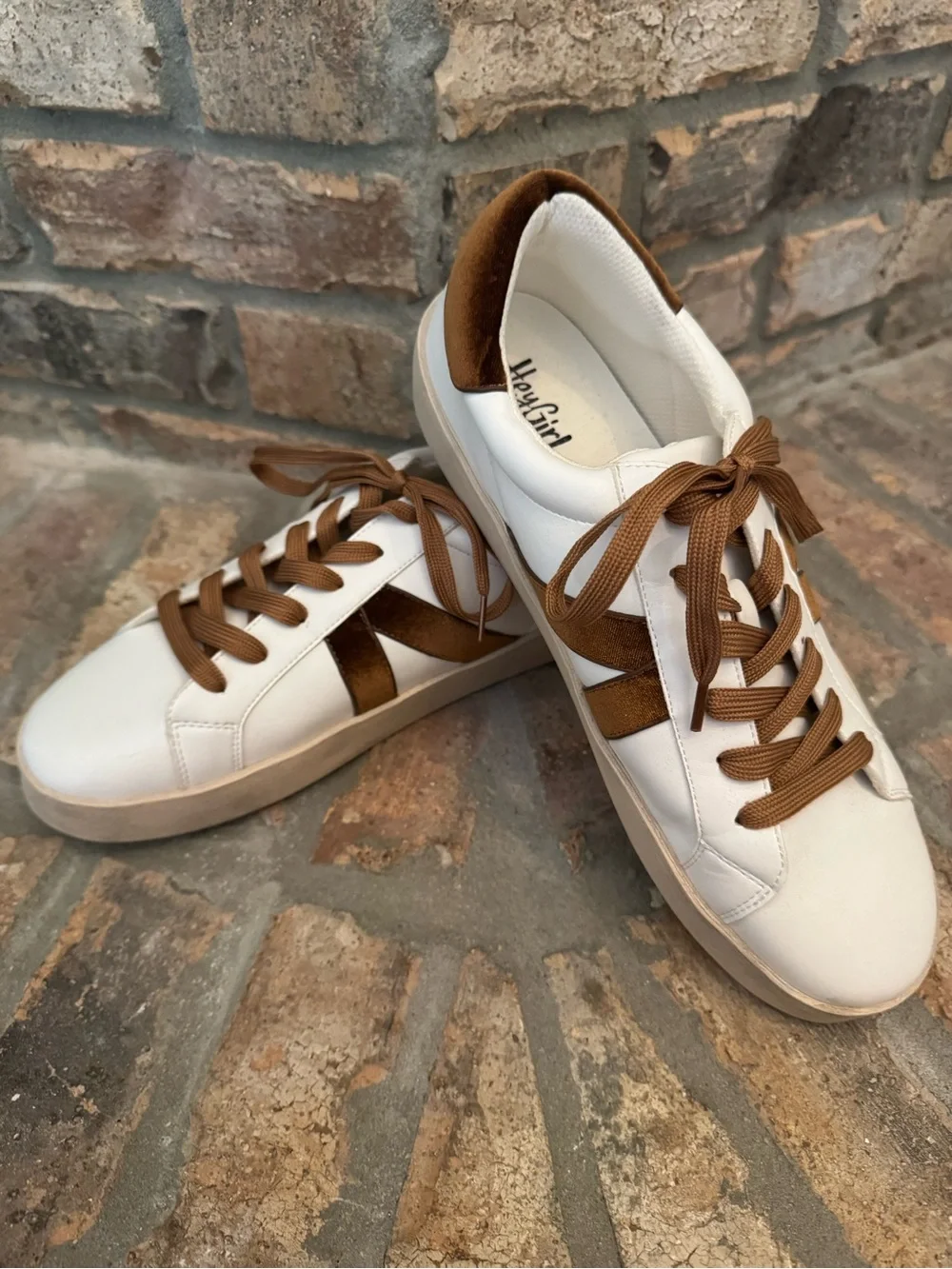 Hey Girl White Sneakers with Brown Suede Accents and Laces Size 10